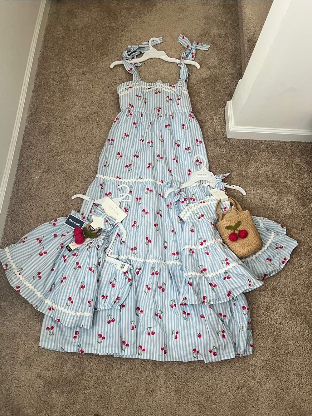 Blue & White Striped Cherry Maxi Sundress